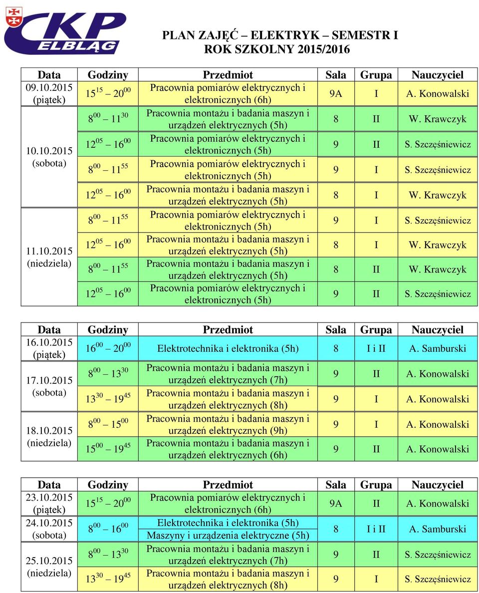 elektrycznych (9h) 15 00 19 45 Pracownia montażu i badania maszyn i 23.10.2015 9A II A. Konowalski 24.