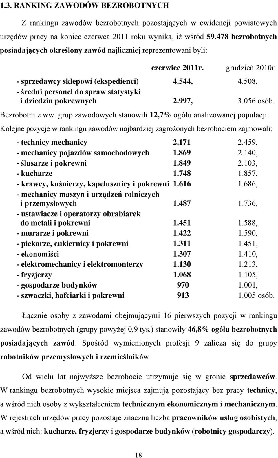 58, - średni personel do spraw statystyki i dziedzin pokrewnych 2.997, 3.56 osób. Bezrobotni z ww. grup zawodowych stanowili 12,7% ogółu analizowanej populacji.