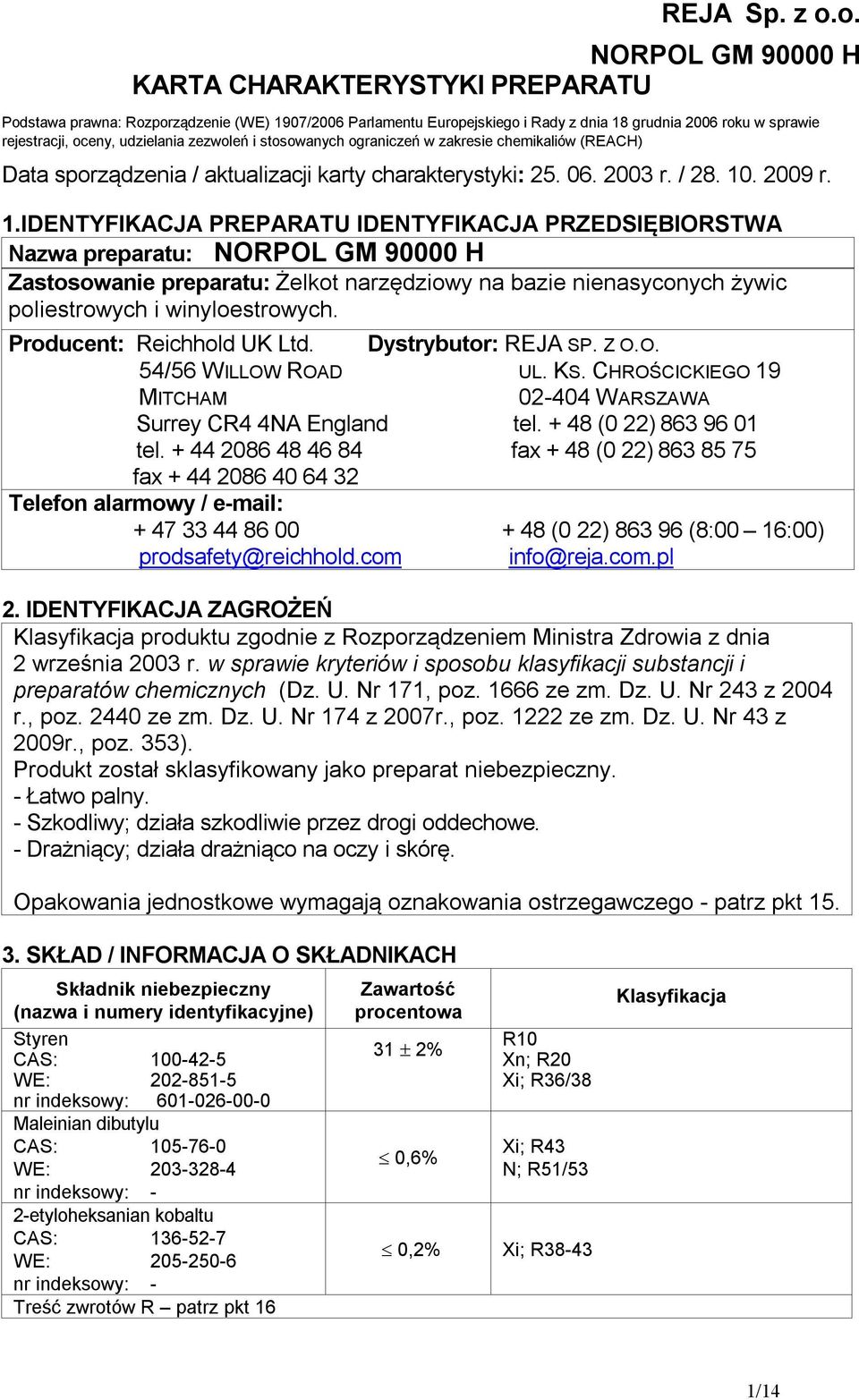 . 2009 r. 1.IDENTYFIKACJA PREPARATU IDENTYFIKACJA PRZEDSIĘBIORSTWA Nazwa preparatu: Zastosowanie preparatu: Żelkot narzędziowy na bazie nienasyconych żywic poliestrowych i winyloestrowych.