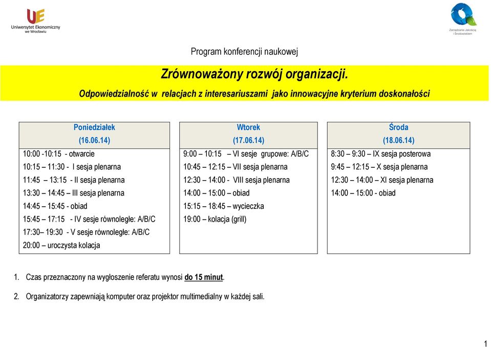 sesje równoległe: A/B/C 20:00 uroczysta kolacja Wtorek (17.06.