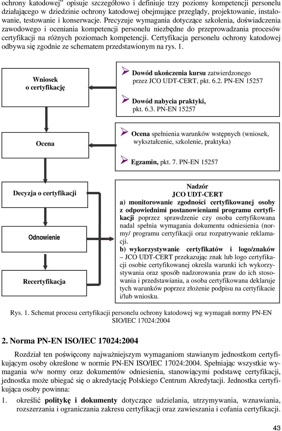 Certyfikacja personelu ochrony katodowej odbywa się zgodnie ze schematem przedstawionym na rys. 1. Wniosek o certyfikację Dowód ukończenia kursu zatwierdzonego przez JCO UDT-CERT, pkt. 6.2.