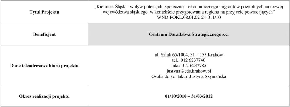 02-24-011/10 Centrum Doradztwa Strategicznego s.c. ul. Szlak 65/1004, 31 153 Kraków tel.