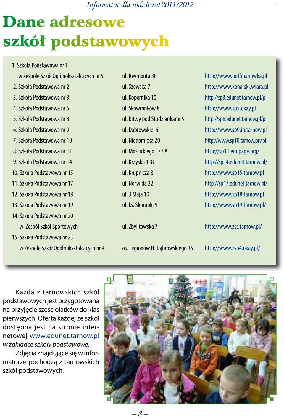 Bitwy pod Studziankami 5 http://sp8.edunet.tarnow.pl/pl 6. Szkoła Podstawowa nr 9 ul. Dąbrowskiej 6 http://www.sp9.in.tarnow.pl 7. Szkoła Podstawowa nr 10 ul. Niedomicka 20 http://www.sp10.tarnow.prv.