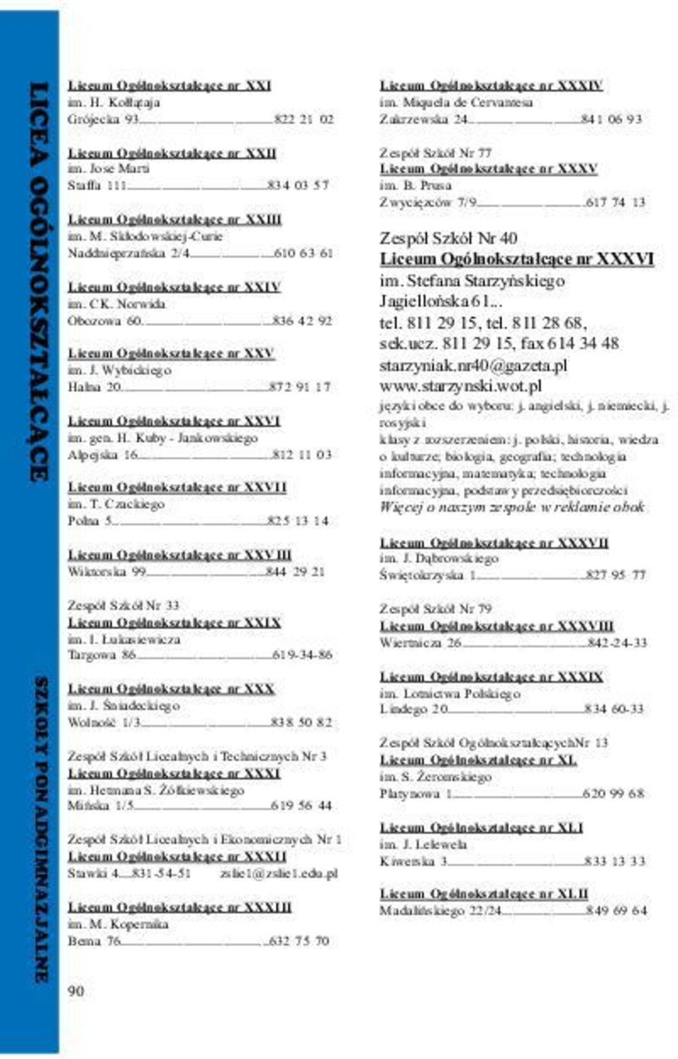 ..836 42 92 Liceum Ogólnokszta³c¹ce nr XXV im. J. Wybickiego Halna 20...872 91 17 Liceum Ogólnokszta³c¹ce nr XXVI im. gen. H. Kuby - Jankowskiego Alpejska 16.