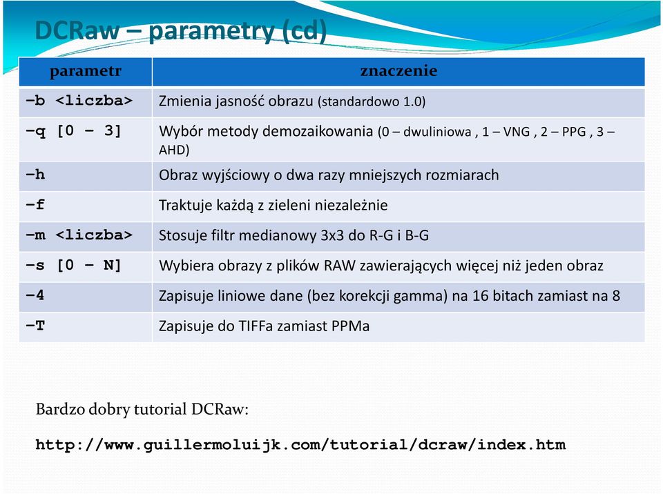 każdą z zieleni niezależnie -m <liczba> Stosuje filtr medianowy 3x3 do R-G i B-G -s [0 N] Wybiera obrazy z plików RAW zawierających więcej niż