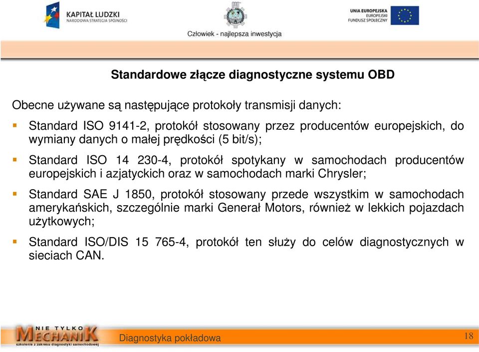 europejskich i azjatyckich oraz w samochodach marki Chrysler; Standard SAE J 1850, protokół stosowany przede wszystkim w samochodach amerykańskich,