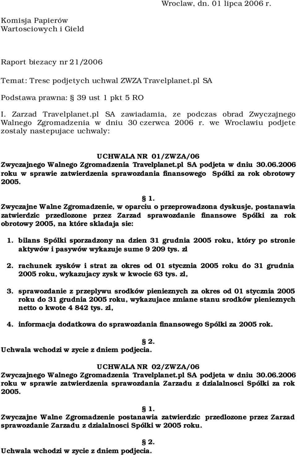 we Wroclawiu podjete zostaly nastepujace uchwaly: UCHWALA NR 01/ZWZA/06 roku w sprawie zatwierdzenia sprawozdania finansowego Spólki za rok obrotowy 2005.