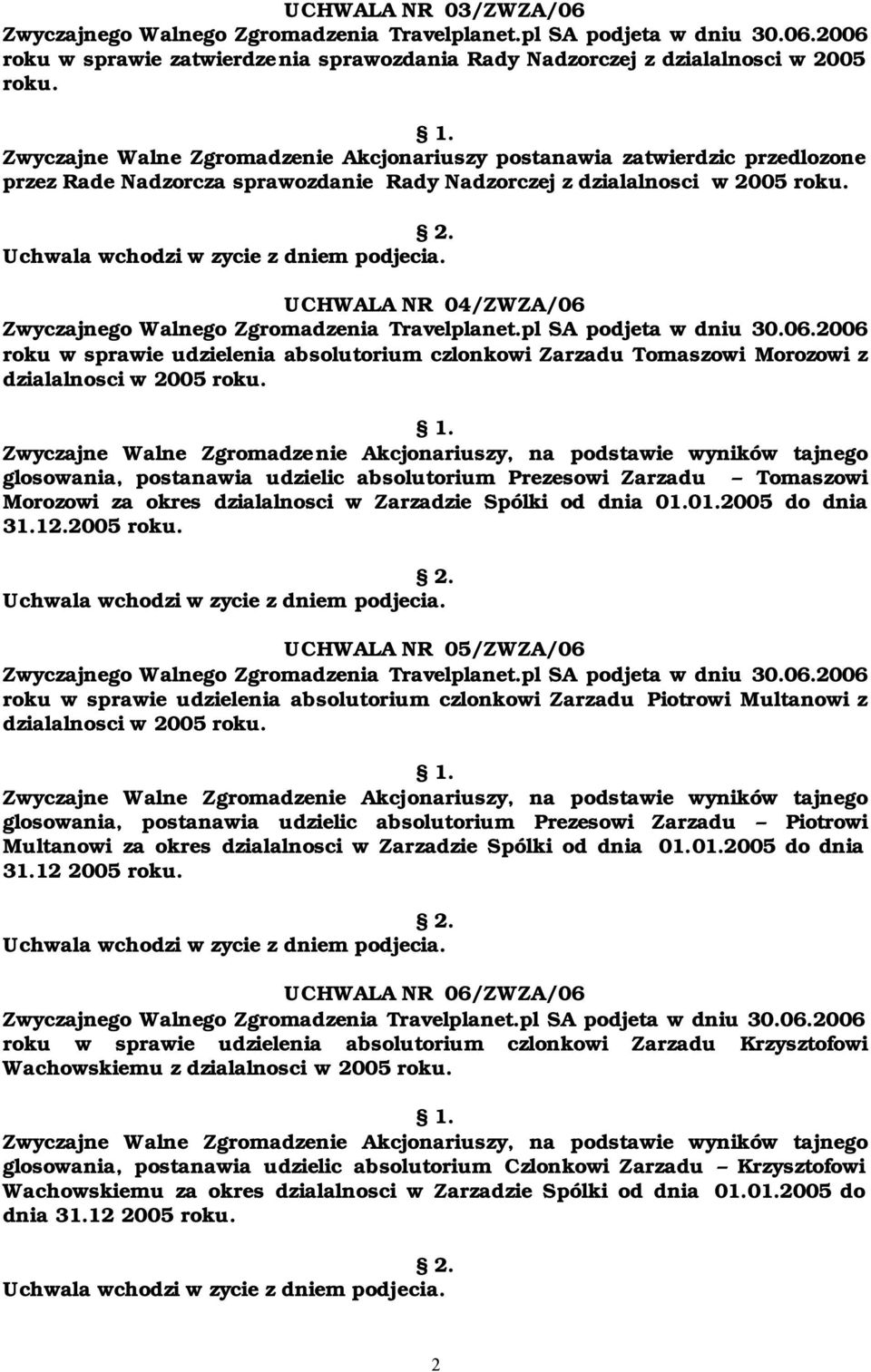 UCHWALA NR 04/ZWZA/06 roku w sprawie udzielenia absolutorium czlonkowi Zarzadu Tomaszowi Morozowi z dzialalnosci w 2005 roku.