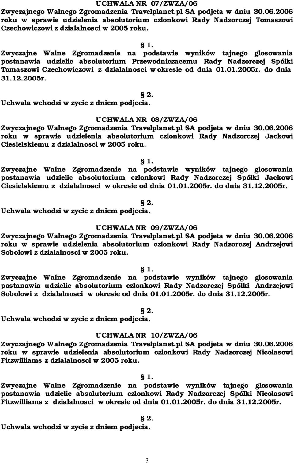 01.01.2005r. do dnia 31.12.2005r. UCHWALA NR 08/ZWZA/06 roku w sprawie udzielenia absolutorium czlonkowi Rady Nadzorczej Jackowi Ciesielskiemu z dzialalnosci w 2005 roku.