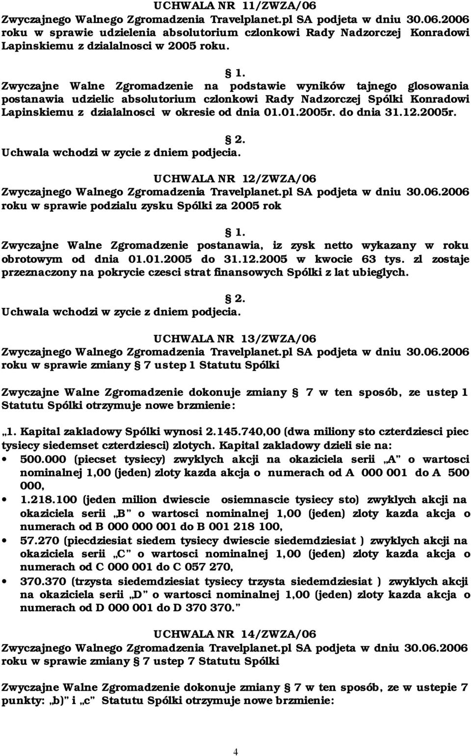 do dnia 31.12.2005r. UCHWALA NR 12/ZWZA/06 roku w sprawie podzialu zysku Spólki za 2005 rok Zwyczajne Walne Zgromadzenie postanawia, iz zysk netto wykazany w roku obrotowym od dnia 01.01.2005 do 31.