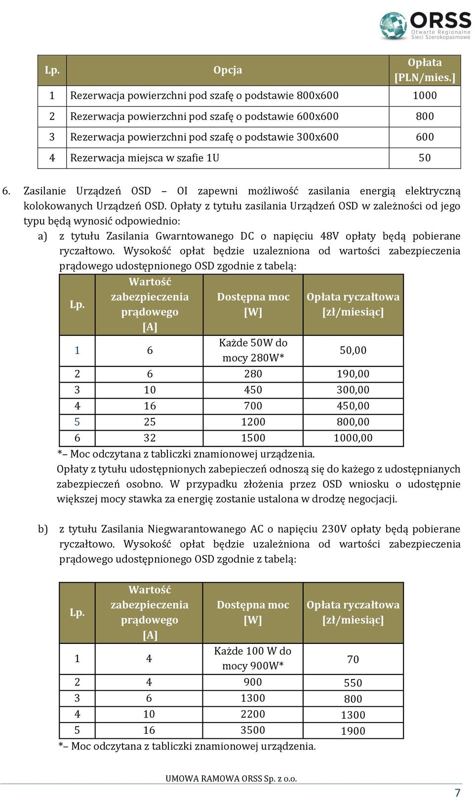 Opłaty z tytułu zasilania Urządzeń OSD w zależności od jego typu będą wynosić odpowiednio: a) z tytułu Zasilania Gwarntowanego DC o napięciu 48V opłaty będą pobierane ryczałtowo.