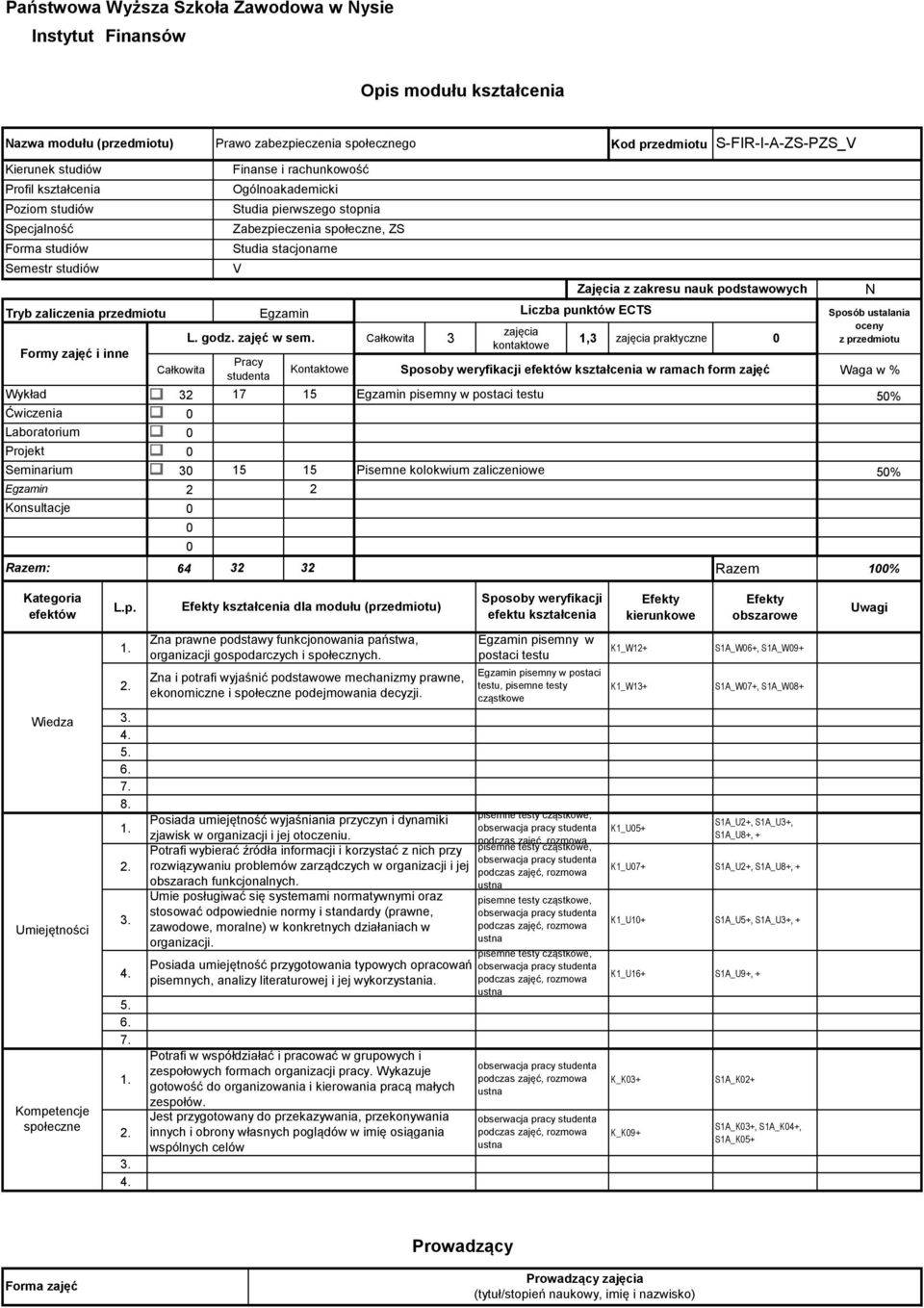 zajęć Waga w % studenta Egzamin pisemny w postaci testu % Pisemne kolokwium zaliczeniowe % Egzamin Konsultacje Prawo zabezpieczenia społecznego Finanse i rachunkowość Ogólnoakademicki Studia