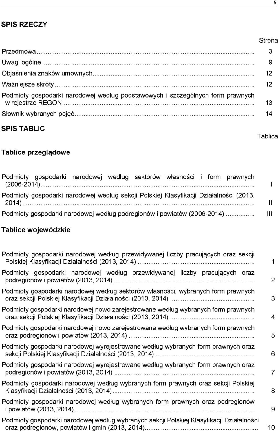 .. 14 SPIS TABLIC Tablica Tablice przeglądowe Podmioty gospodarki narodowej według sektorów własności i form prawnych (2006-2014).