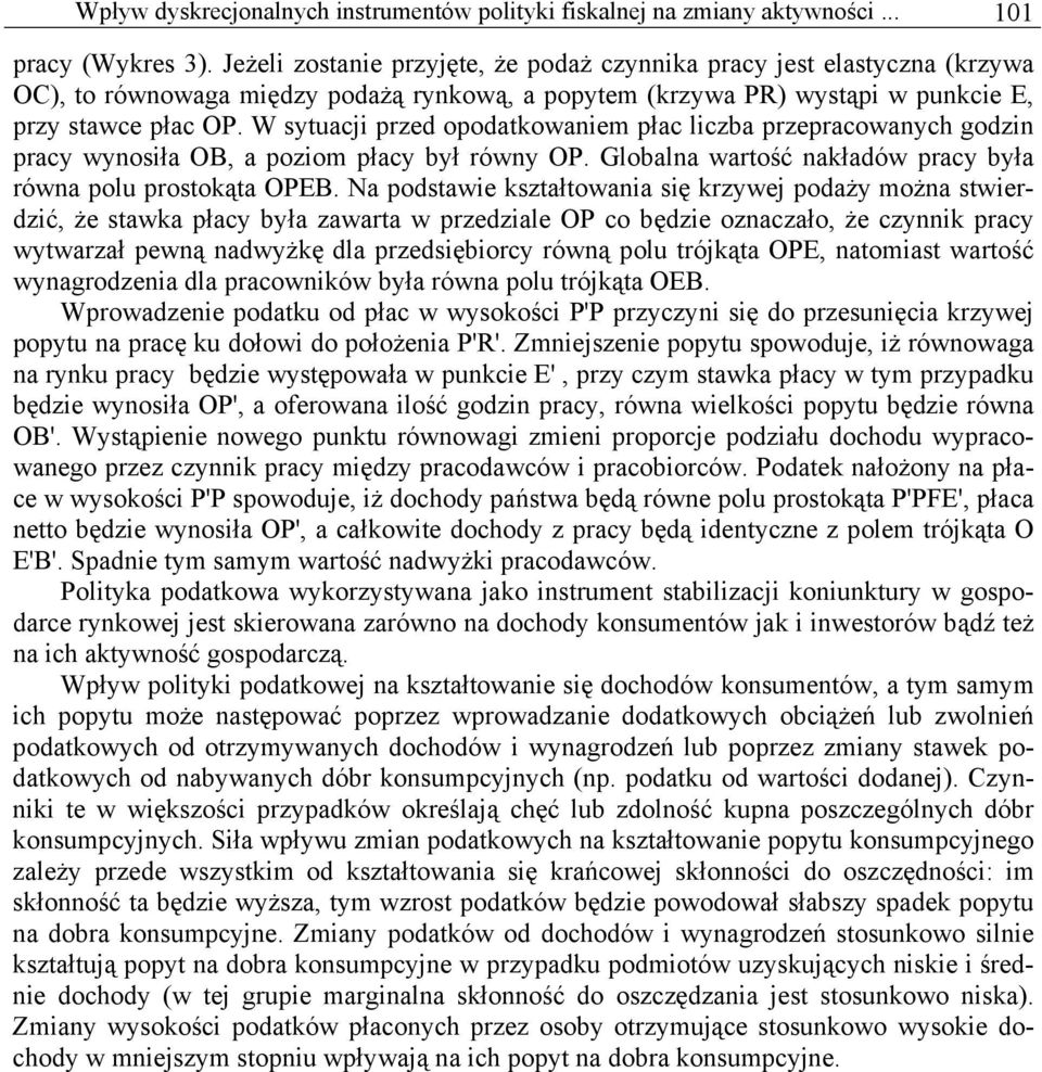 W syuacji przed opodakowaniem płac liczba przepracowanych godzin pracy wynosiła OB, a poziom płacy był równy OP. Globalna warość nakładów pracy była równa polu prosokąa OPEB.