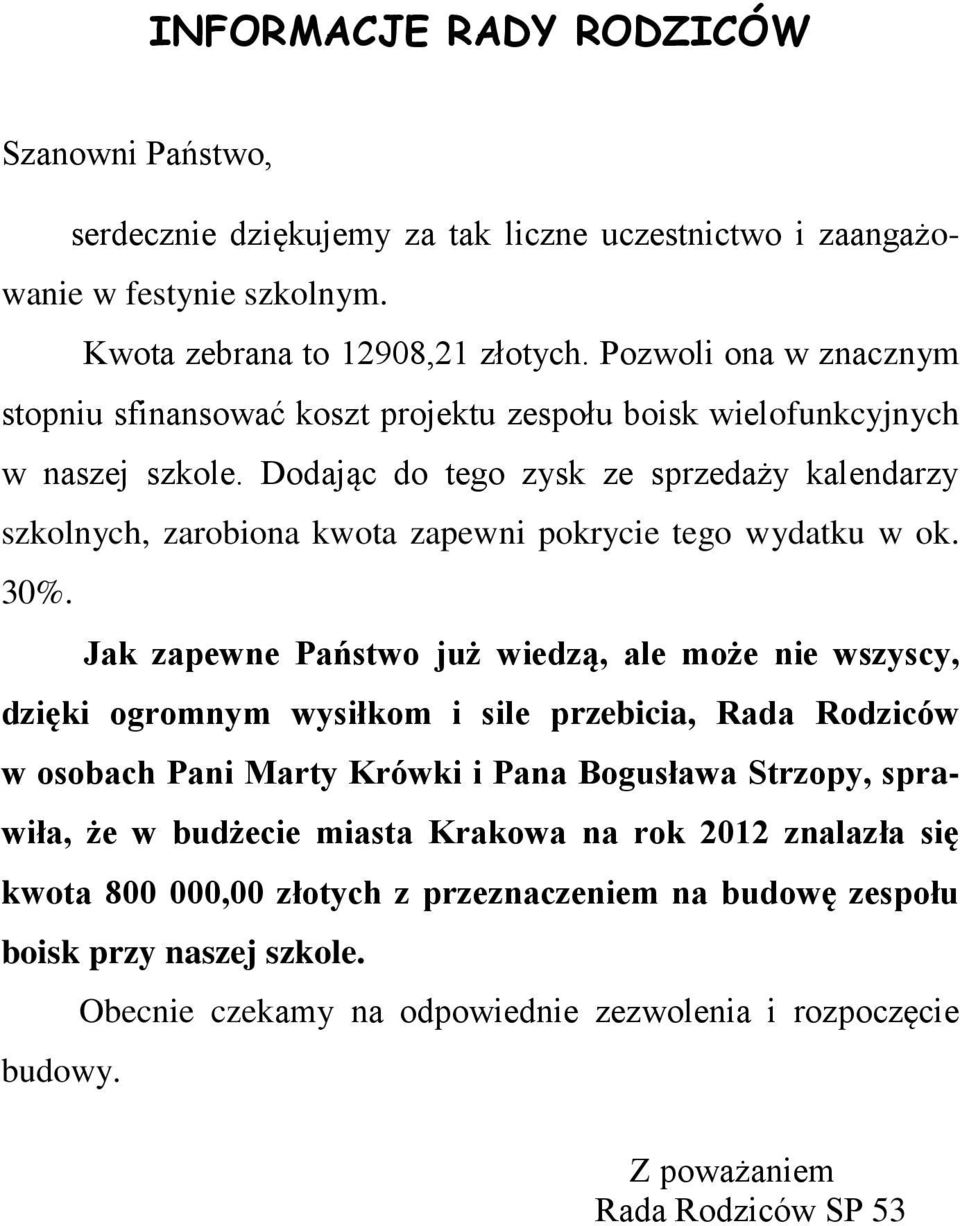 Dodając do tego zysk ze sprzedaży kalendarzy szkolnych, zarobiona kwota zapewni pokrycie tego wydatku w ok. 30%.