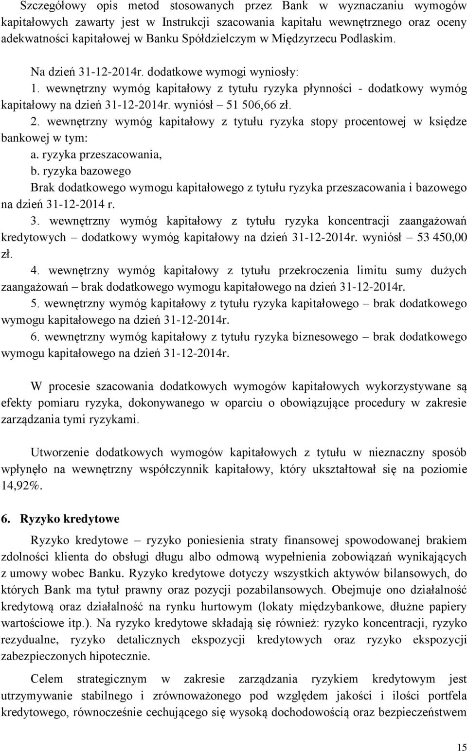 wyniósł 51 506,66 zł. 2. wewnętrzny wymóg kapitałowy z tytułu ryzyka stopy procentowej w księdze bankowej w tym: a. ryzyka przeszacowania, b.