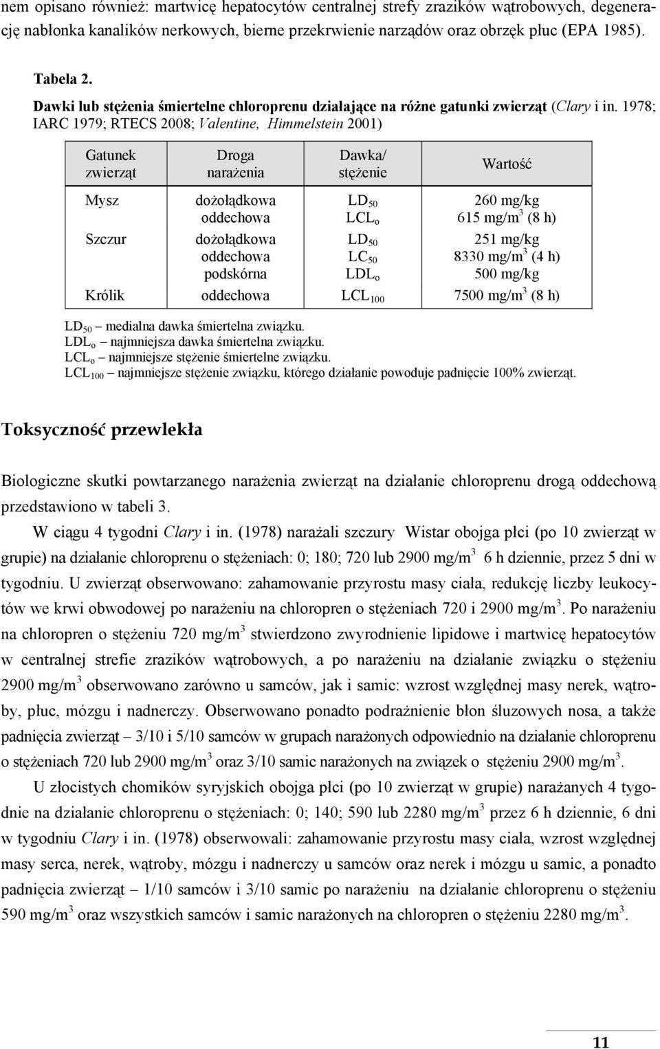 1978; IARC 1979; RTECS 2008; Valentine, Himmelstein 2001) Gatunek zwierząt Mysz Szczur Droga narażenia dożołądkowa oddechowa dożołądkowa oddechowa podskórna Dawka/ stężenie LD 50 LCL o LD 50 LC 50