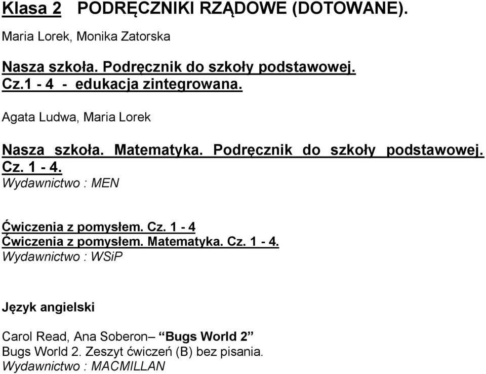 Cz. 1-4. Wydawnictwo : MEN Ćwiczenia z pomysłem. Cz. 1-4 Ćwiczenia z pomysłem. Matematyka. Cz. 1-4. Wydawnictwo : WSiP Język angielski Carol Read, Ana Soberon Bugs World 2 Bugs World 2.