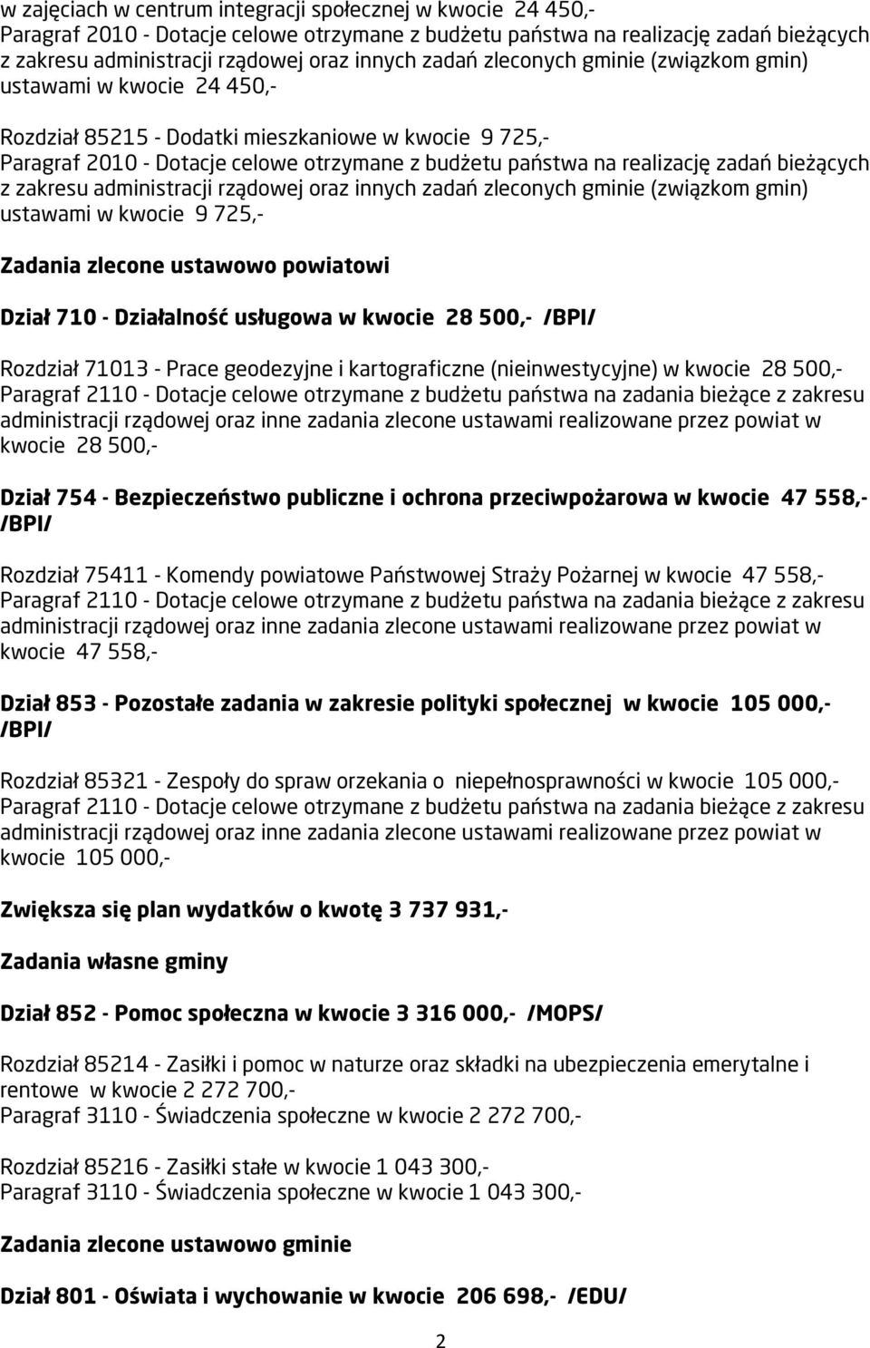 z zakresu administracji rządowej oraz innych zadań zleconych gminie (związkom gmin) ustawami w kwocie 9 725,- adania zlecone ustawowo powiatowi Dział 710 - Działalność usługowa w kwocie 28 500,-