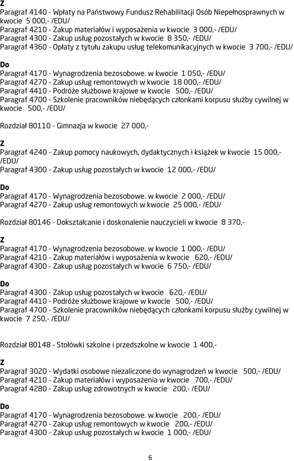 w kwocie 1 050,- /EDU/ Paragraf 4270 - akup usług remontowych w kwocie 18 000,- /EDU/ Paragraf 4410 - Podróże służbowe krajowe w kwocie 500,- /EDU/ Paragraf 4700 - Szkolenie pracowników niebędących