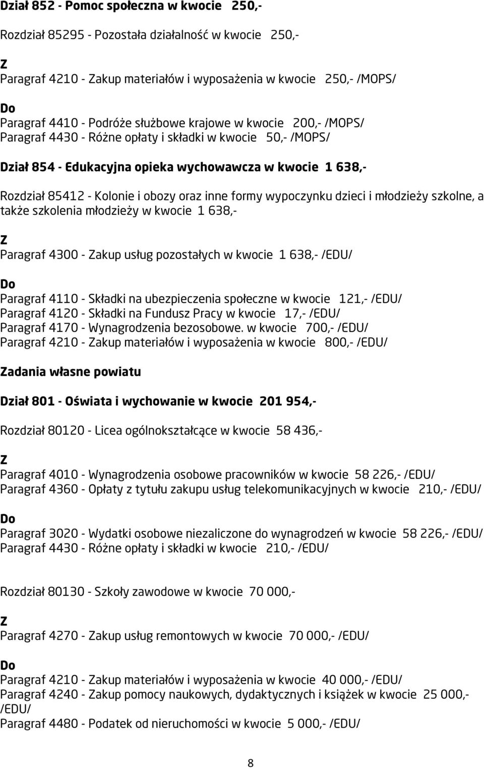 wypoczynku dzieci i młodzieży szkolne, a także szkolenia młodzieży w kwocie 1 638,- Paragraf 4300 - akup usług pozostałych w kwocie 1 638,- /EDU/ Paragraf 4110 - Składki na ubezpieczenia społeczne w