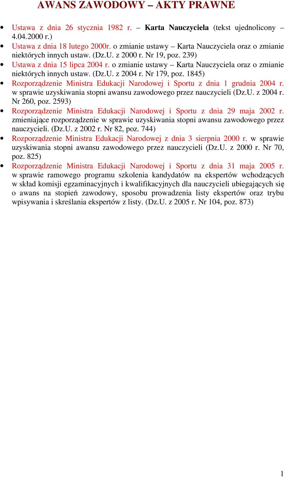 o zmianie ustawy Karta Nauczyciela oraz o zmianie niektórych innych ustaw. (Dz.U. z 2004 r. Nr 179, poz. 1845) Rozporządzenie Ministra Edukacji Narodowej i Sportu z dnia 1 grudnia 2004 r.