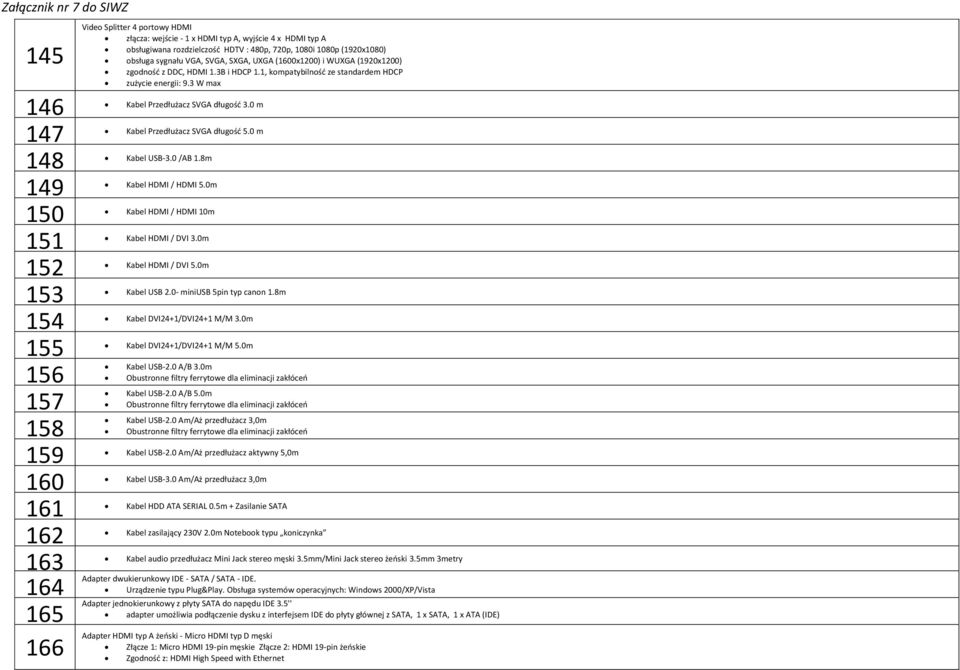 0 m 147 Kabel Przedłużacz SVGA długość 5.0 m 148 Kabel USB-3.0 /AB 1.8m 149 Kabel HDMI / HDMI 5.0m 150 Kabel HDMI / HDMI 10m 151 Kabel HDMI / DVI 3.0m 152 Kabel HDMI / DVI 5.0m 153 Kabel USB 2.