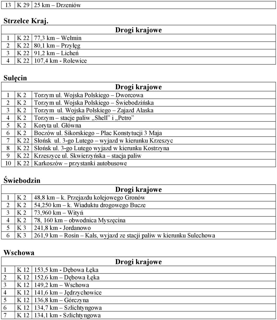 Sikorskiego Plac Konstytucji 3 Maja 7 K 22 Słońsk ul. 3-go Lutego wyjazd w kierunku Krzeszyc 8 K 22 Słońsk ul. 3-go Lutego wyjazd w kierunku Kostrzyna 9 K 22 Krzeszyce ul.