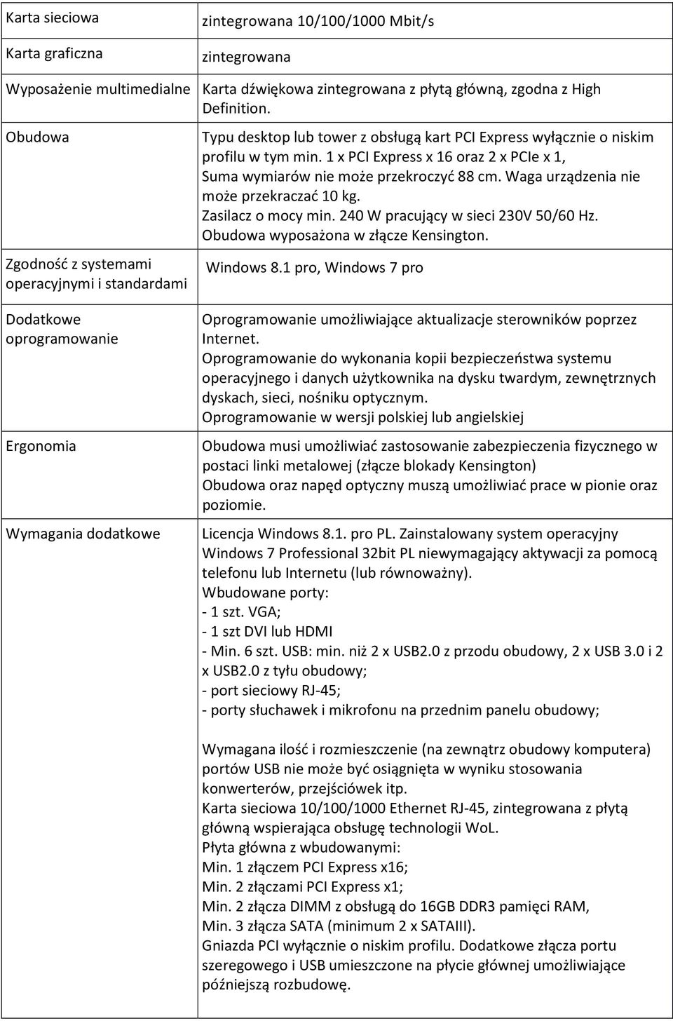 1 x PCI Express x 16 oraz 2 x PCIe x 1, Suma wymiarów nie może przekroczyć 88 cm. Waga urządzenia nie może przekraczać 10 kg. Zasilacz o mocy min. 240 W pracujący w sieci 230V 50/60 Hz.