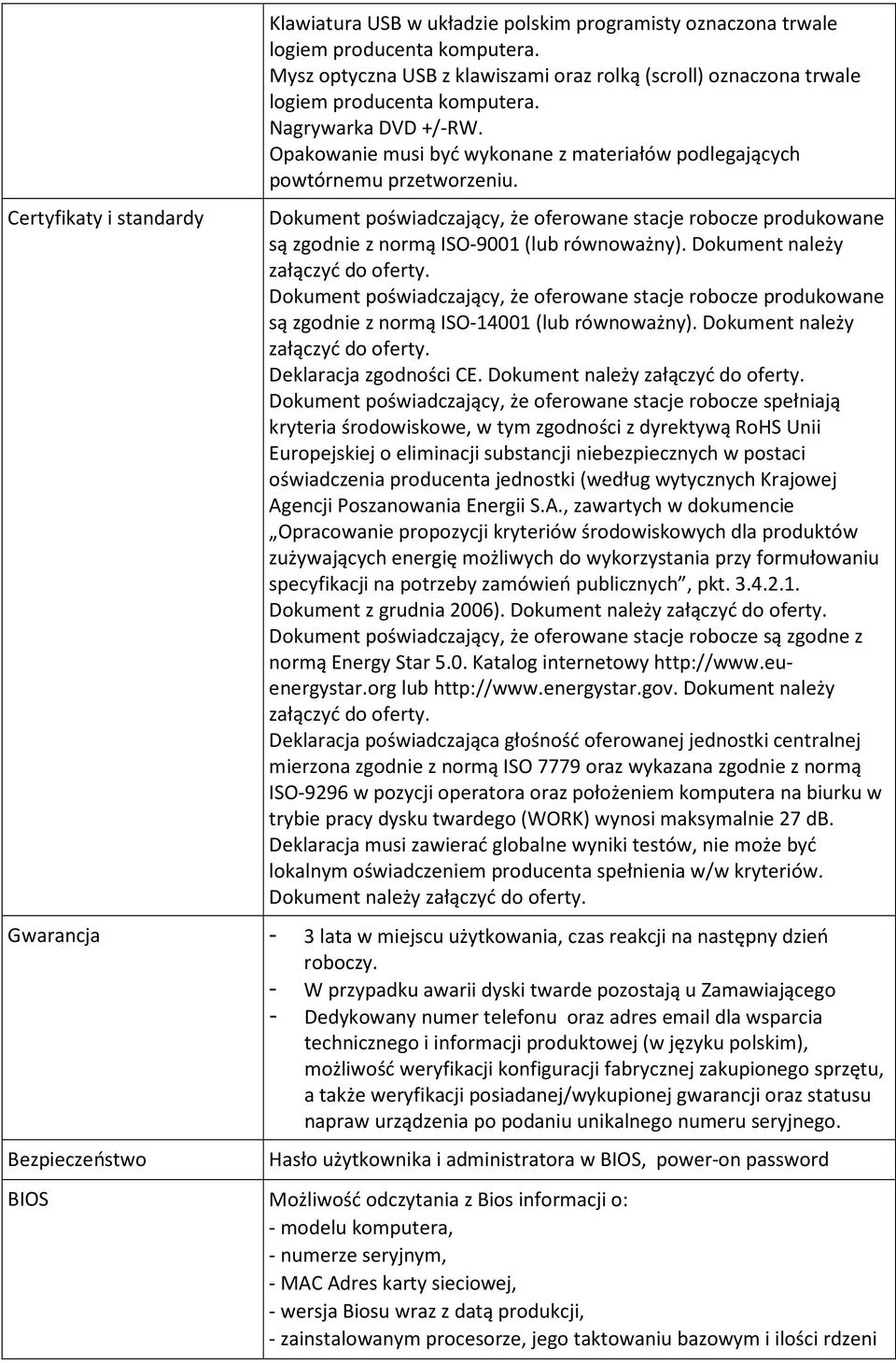 Dokument poświadczający, że oferowane stacje robocze produkowane są zgodnie z normą ISO-9001 (lub równoważny). Dokument należy załączyć do oferty.