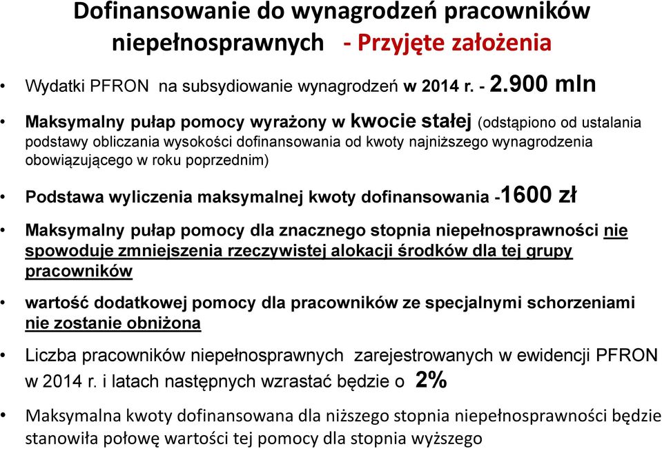 Podstawa wyliczenia maksymalnej kwoty dofinansowania -1600 zł Maksymalny pułap pomocy dla znacznego stopnia niepełnosprawności nie spowoduje zmniejszenia rzeczywistej alokacji środków dla tej grupy