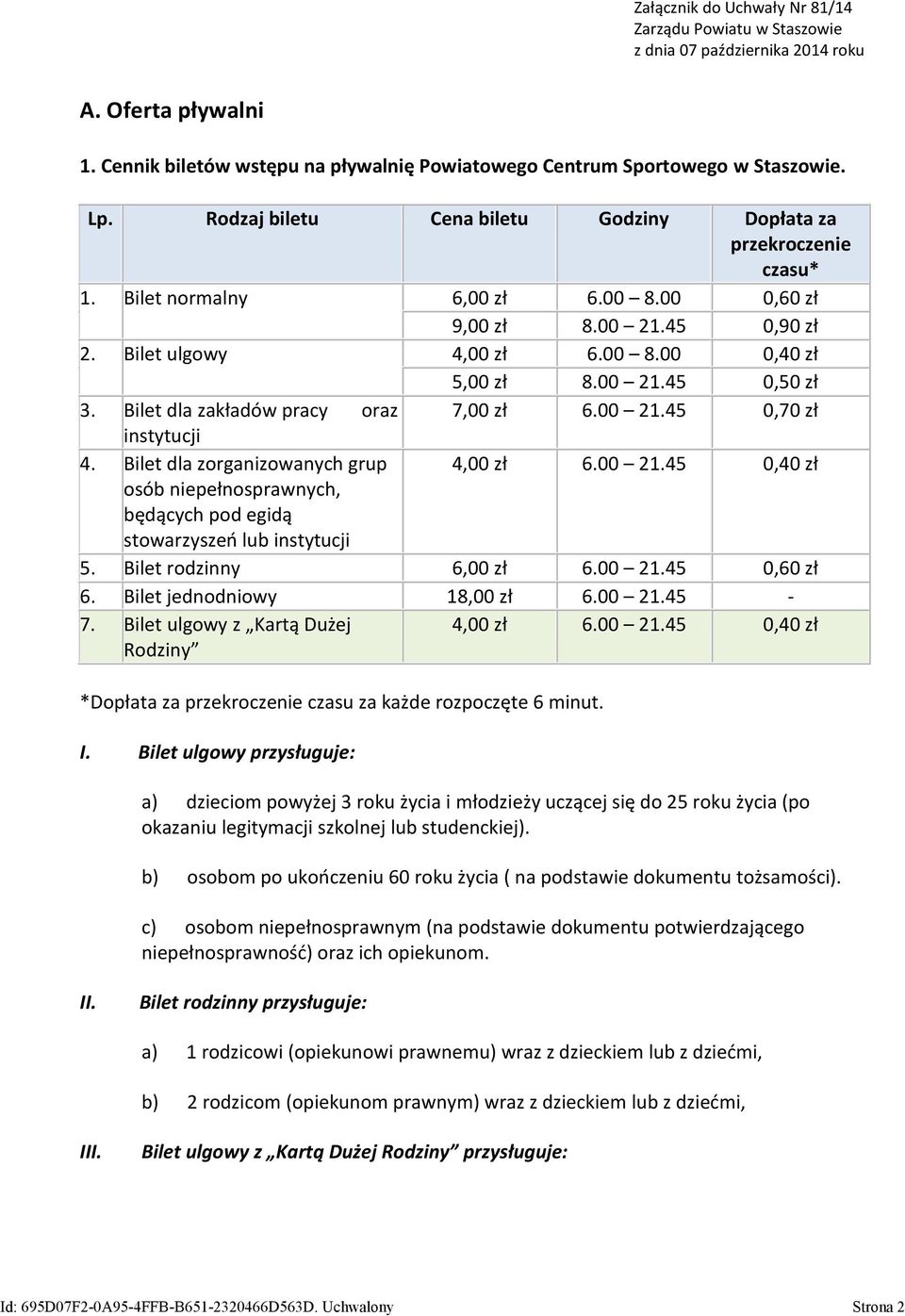 Bilet dla zakładów pracy oraz 7,00 zł 6.00 21.45 0,70 zł instytucji 4. Bilet dla zorganizowanych grup 4,00 zł 6.00 21.45 0,40 zł osób niepełnosprawnych, będących pod egidą stowarzyszeń lub instytucji 5.