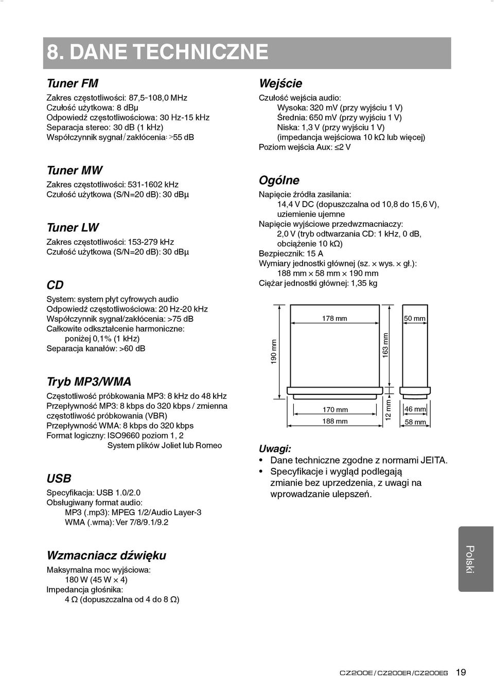 audio Odpowiedź częstotliwościowa: 20 Hz-20 khz Współczynnik sygnał/zakłócenia: >75 db Całkowite odkształcenie harmoniczne: poniżej 0,1% (1 khz) Separacja kanałów: >60 db Tryb MP3/WMA Częstotliwość