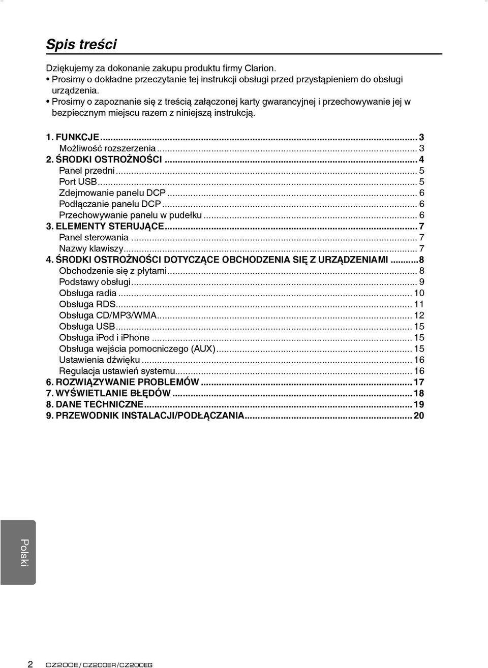 ŚRODKI OSTROŻNOŚCI... 4 Panel przedni... 5 Port USB... 5 Zdejmowanie panelu DCP... 6 Podłączanie panelu DCP... 6 Przechowywanie panelu w pudełku... 6 3. ELEMENTY STERUJĄCE... 7 Panel sterowania.