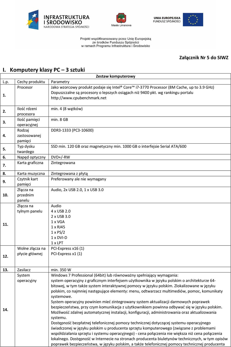 8 GB operacyjnej Rodzaj DDR3-1333 (PC3-10600) 4. zastosowanej 5. Typ dysku SSD min. 120 GB oraz magnetyczny min. 1000 GB o interfejsie Serial ATA/600 twardego 6. Napęd optyczny DVD+/-RW 7.
