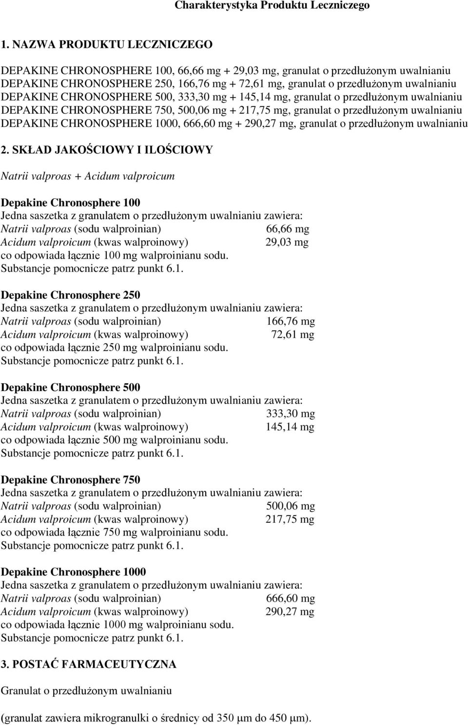 DEPAKINE CHRONOSPHERE 500, 333,30 mg + 145,14 mg, granulat o przedłużonym uwalnianiu DEPAKINE CHRONOSPHERE 750, 500,06 mg + 217,75 mg, granulat o przedłużonym uwalnianiu DEPAKINE CHRONOSPHERE 1000,