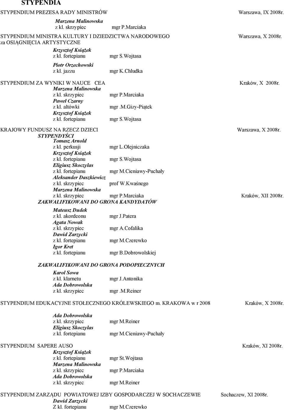 STYPE DYŚCI Tomasz Arnold z kl. perkusji mgr S.Wojtasa Eligiusz Skoczylas mgr M.Cieniawy-Puchały prof W.Kwaśnego mgr P.Marciaka Kraków, XII 2008r. ZAKWALIFIKOWA I DO GRO A KA DYDATÓW z kl.