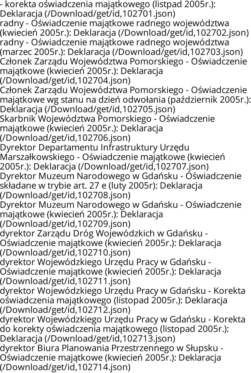 json) Członek Zarządu Województwa Pomorskiego - Oświadczenie majątkowe wg stanu na dzień odwołania (październik 2005r.): Deklaracja (/Download/get/id,102705.