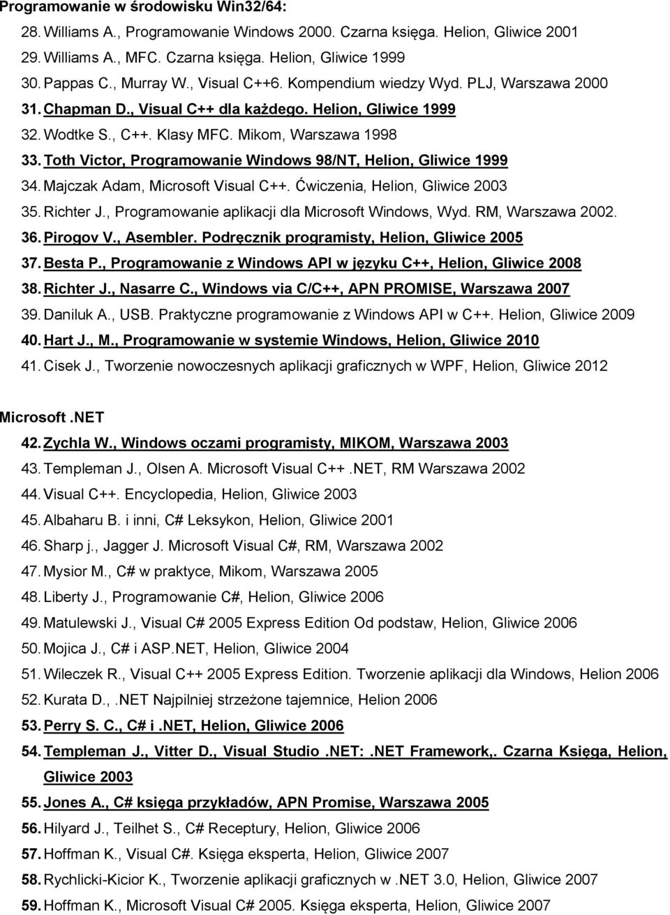 Toth Victor, Programowanie Windows 98/NT, Helion, Gliwice 1999 34. Majczak Adam, Microsoft Visual C++. Ćwiczenia, Helion, Gliwice 2003 35. Richter J.