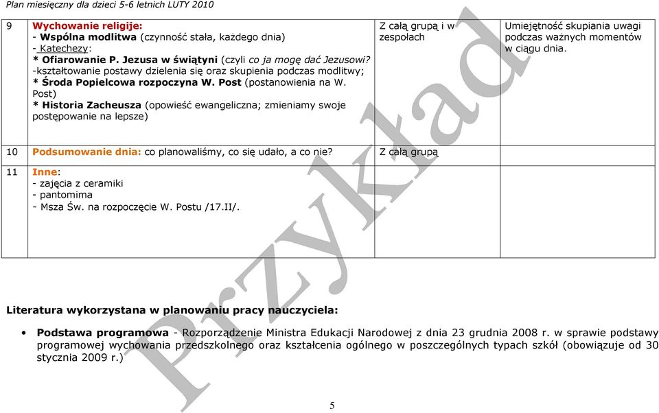 Post) * Historia Zacheusza (opowieść ewangeliczna; zmieniamy swoje postępowanie na lepsze) Z całą grupą i w zespołach Umiejętność skupiania uwagi podczas ważnych momentów w ciągu dnia.