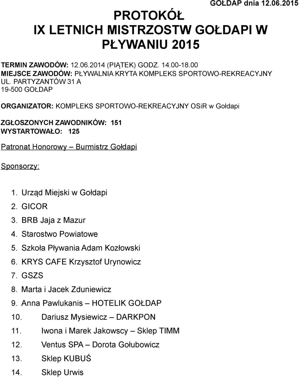 PARTYZANTÓW 31 A 19-500 GOŁDAP ORGANIZATOR: KOMPLKS SPORTOWO-RKRACYJNY OSiR w Gołdapi ZGŁOSZONYCH ZAWODNIKÓW: 151 WYSTARTOWAŁO: 125 Patronat Honorowy Burmistrz Gołdapi Sponsorzy: