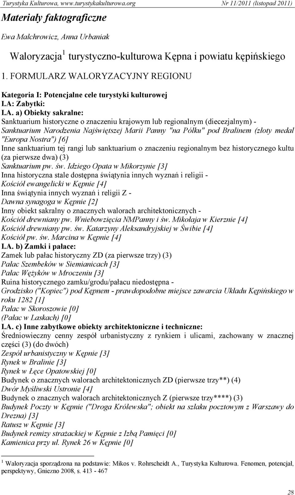 Z WALORYZACYJNY REGIONU Kategoria I: Potencjalne cele turystyki kulturowej I.A: Zabytki: I.A. a) Obiekty sakralne: Sanktuarium historyczne o znaczeniu krajowym lub regionalnym (diecezjalnym) -