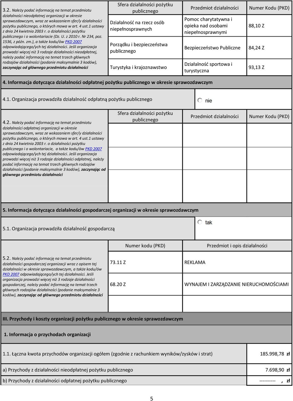 Jeśli organizacja proadzi ięcej niż rodzaje działalności nieodpłatnej, należy podać informację na temat trzech głónych rodzajó działalności (podanie maksymalnie kodó), zaczynając od głónego