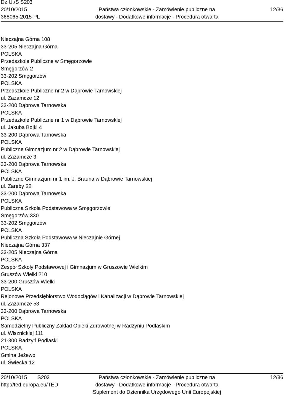 Zaręby 22 Publiczna Szkoła Podstawowa w Smęgorzowie Smęgorzów 330 33-202 Smęgorzów Publiczna Szkoła Podstawowa w Nieczajnie Górnej Nieczajna Górna 337 33-205 Nieczajna Górna Zespół Szkoły Podstawowej