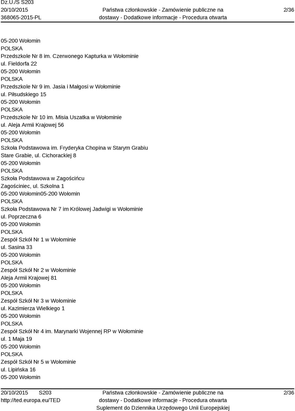 Cichorackiej 8 Szkoła Podstawowa w Zagościńcu Zagościniec, ul. Szkolna 1 Szkoła Podstawowa Nr 7 im Królowej Jadwigi w Wołominie ul. Poprzeczna 6 Zespół Szkół Nr 1 w Wołominie ul.