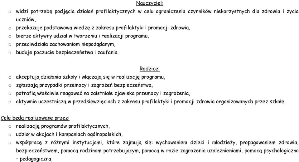 Rodzice: o akceptują działania szkoły i włączają się w realizację programu, o zgłaszają przypadki przemocy i zagrożeń bezpieczeństwa, o potrafią właściwie reagować na zaistniałe zjawiska przemocy i