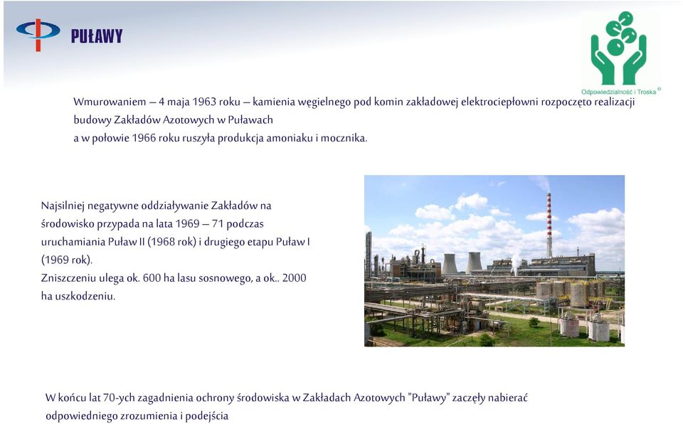 Najsilniej negatywne oddziaływanie Zakładów na środowisko przypada na lata 1969 71 podczas uruchamiania Puław II (1968 rok) i drugiego etapu