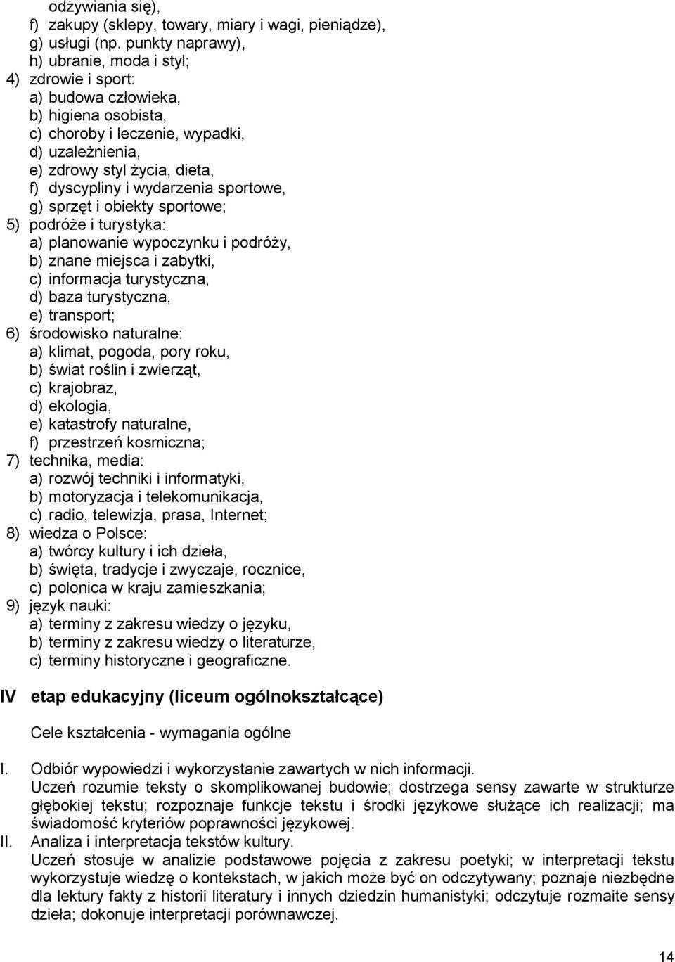 wydarzenia sportowe, g) sprzęt i obiekty sportowe; 5) podróże i turystyka: a) planowanie wypoczynku i podróży, b) znane miejsca i zabytki, c) informacja turystyczna, d) baza turystyczna, e)