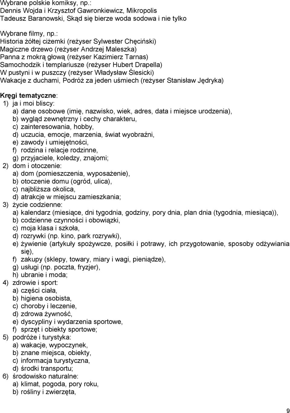 W pustyni i w puszczy (reżyser Władysław Ślesicki) Wakacje z duchami, Podróż za jeden uśmiech (reżyser Stanisław Jędryka) Kręgi tematyczne: 1) ja i moi bliscy: a) dane osobowe (imię, nazwisko, wiek,