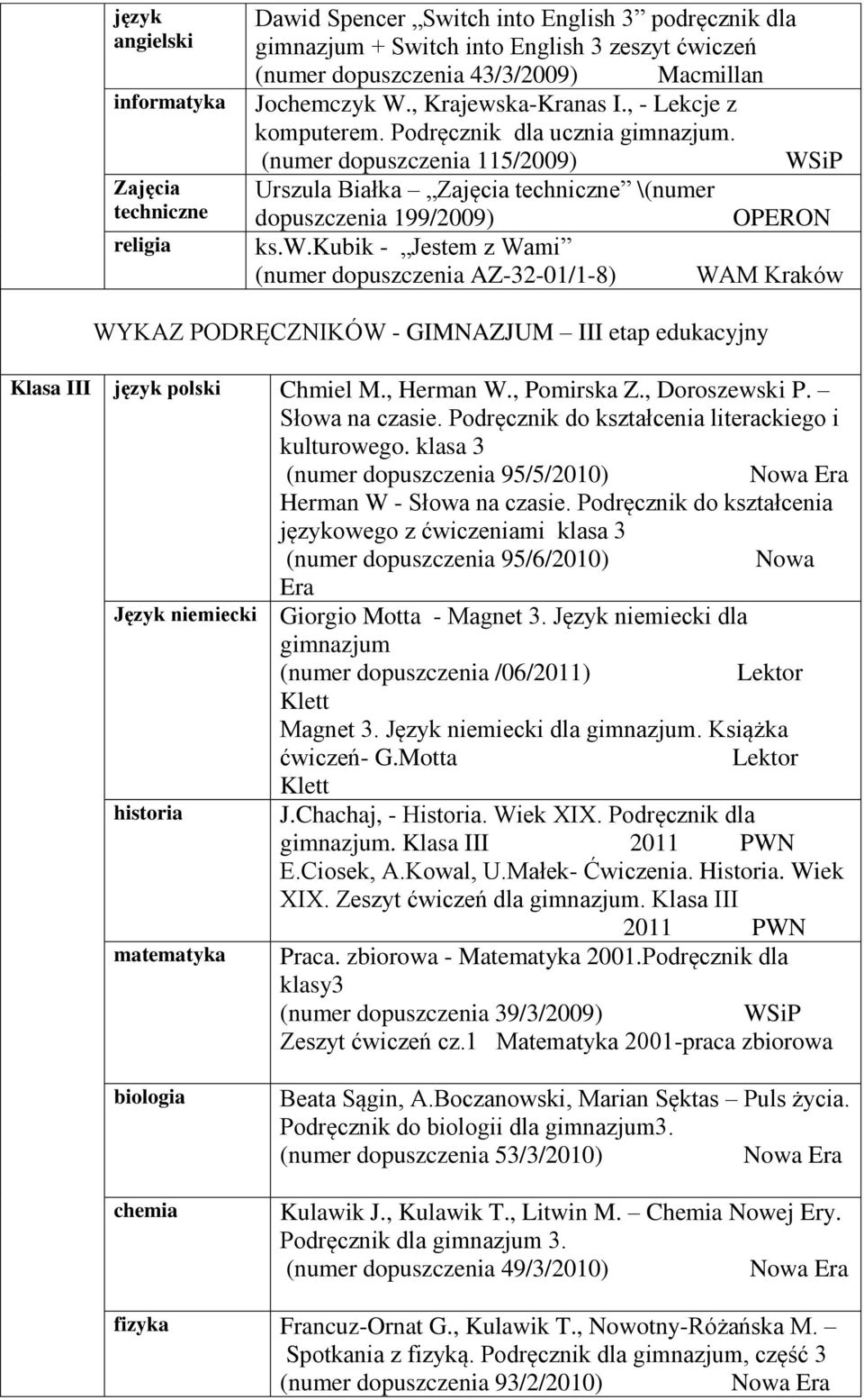 , Herman W., Pomirska Z., Doroszewski P. Słowa na czasie. Podręcznik do kształcenia literackiego i kulturowego. klasa 3 (numer dopuszczenia 95/5/2010) Herman W - Słowa na czasie.